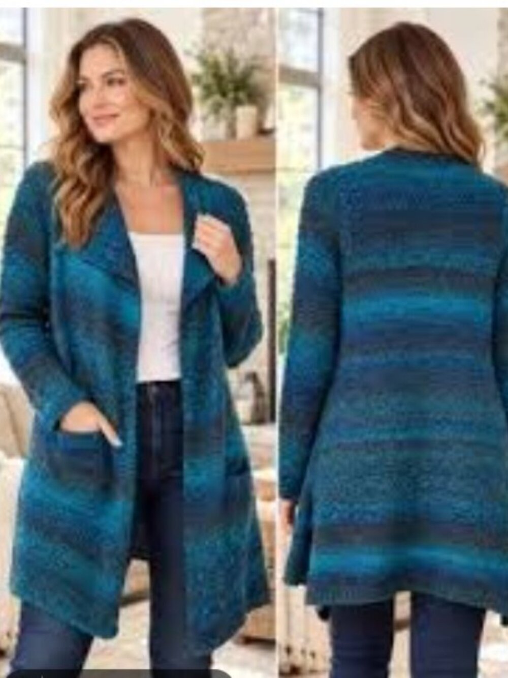 Lucky Brand Cardigan Sweater Wool Blend Open Front Blue Ombre' Duster Size XL